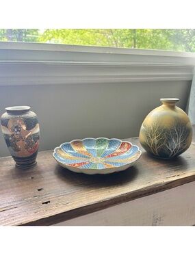 Vintage Asian Decor Bundle - Moriage Vase, Imari Style Plate, Hand Painted Green